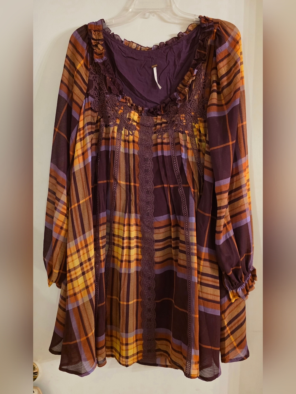 Free People Plaid Lace-Trim Tunic in Plum and Mustard